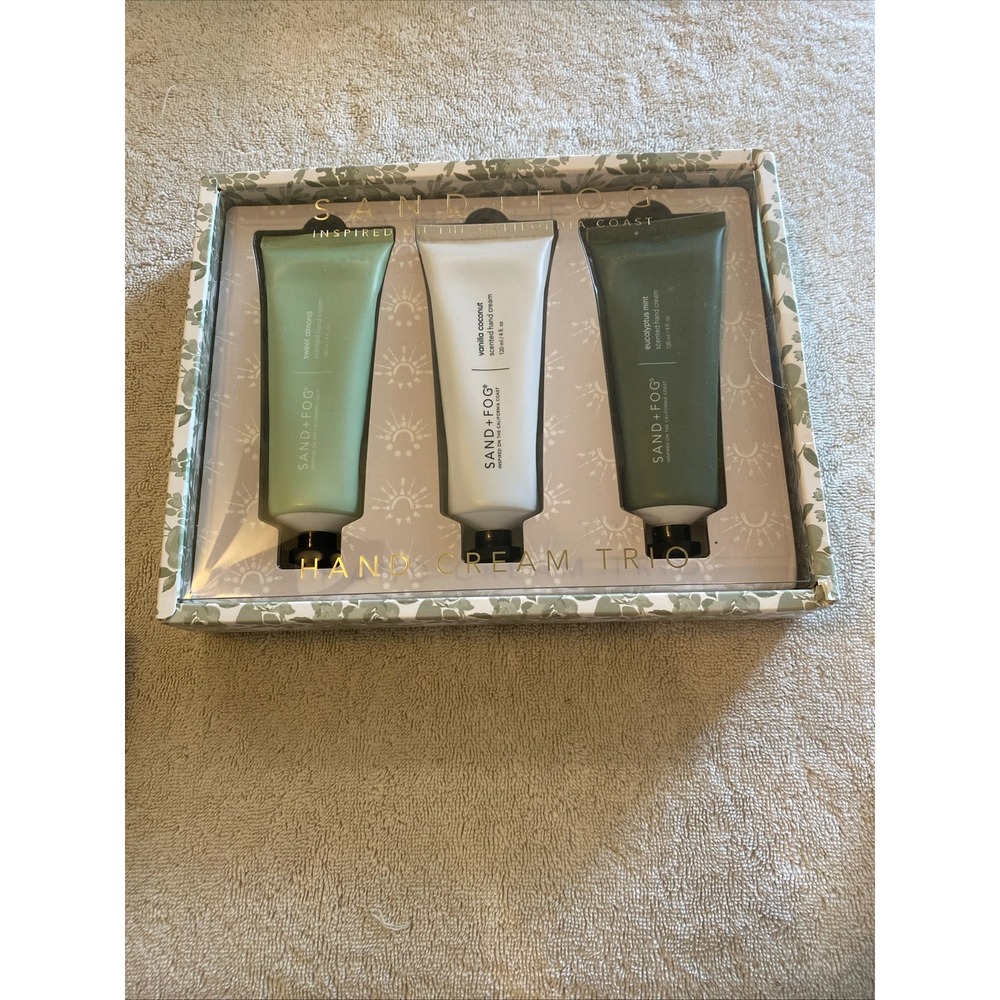 Sand + Fog Hand Cream Trio Gift Set Sweet Almond Vanilla Coconut Eucalyptus Mint